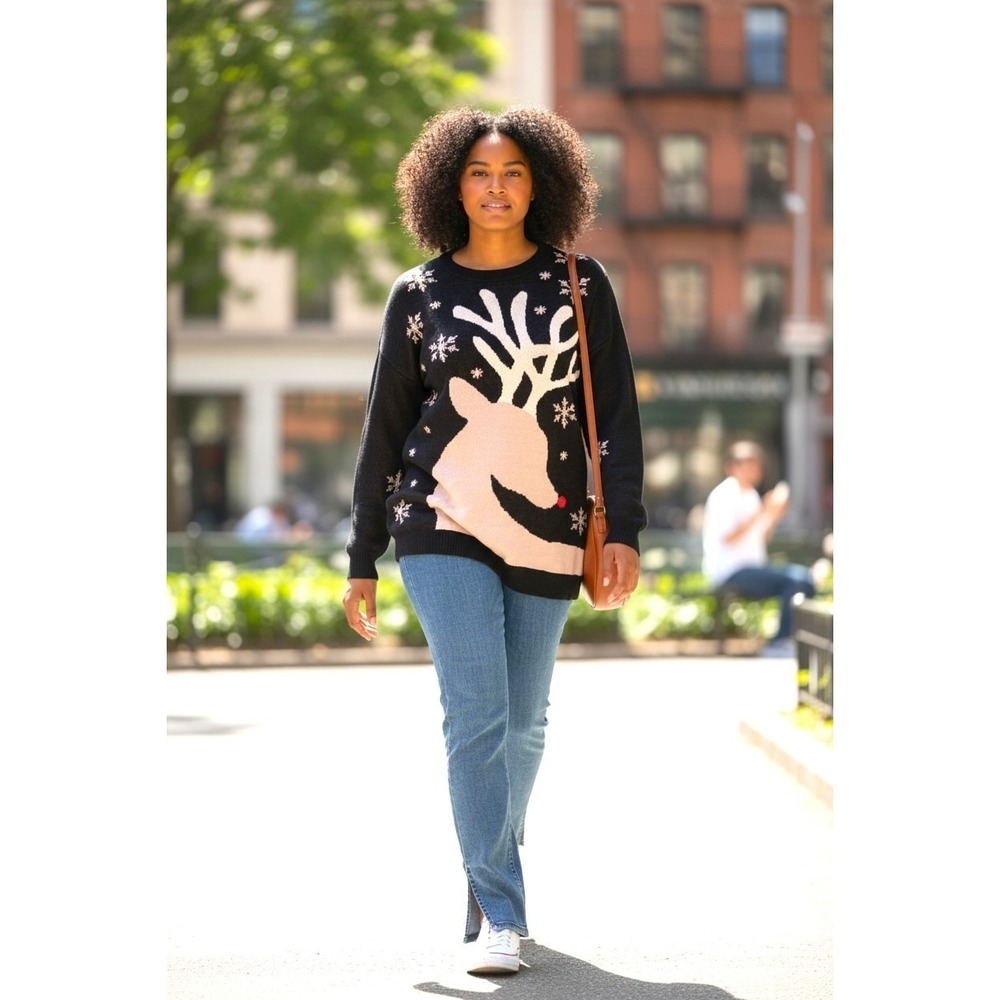 (E-129)Studio Park Reindeer Christmas Sweater Women's Large Black‎ Holiday Knit